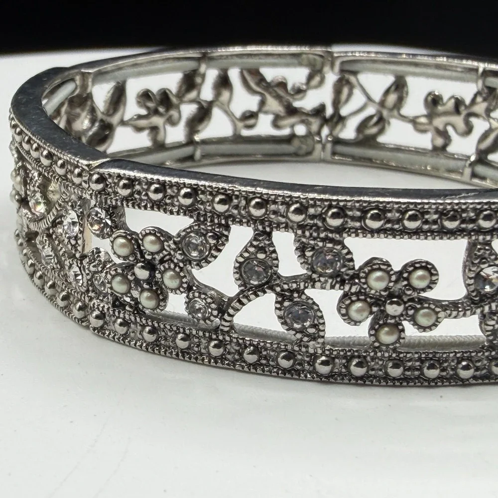 Silver Tone Floral Rhinestone Faux Pearl Filigree Wide Stretch Cuff Bracelet
